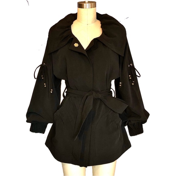 St. John Jackets & Blazers - St. John SoCa Black belted parka metallic accents oversized collar size small